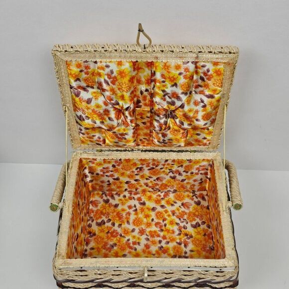 Sewing Notions Box Craft Basket Vintage Woven Wicker Floral Retro Mid Century - Picture 10 of 15